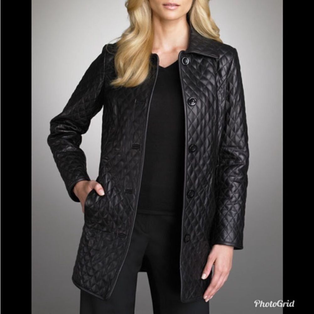 Neiman Marcus 100% Leather Quilted Button Front Collared Over Coat Medium - Picture 8 of 8